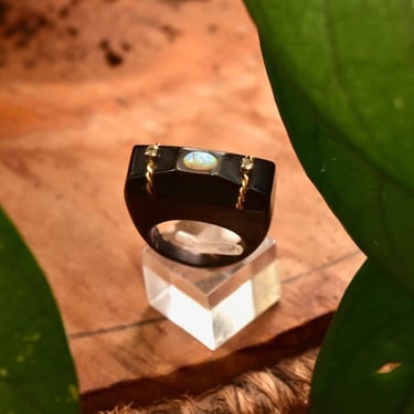 Eclectic Raised Modernist Wooden Ring with 18K Gold Embellishments, An opal Cabochon, and Two Small Diamonds 