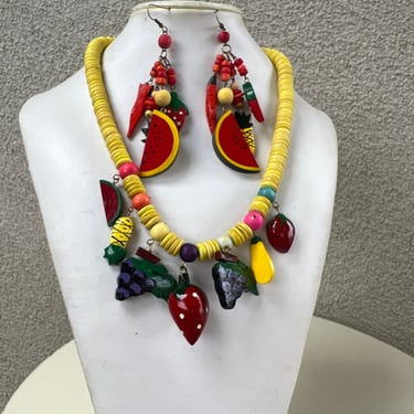 Vintage boho kitsch tropical colorful fruits wood necklace with dangle earrings 