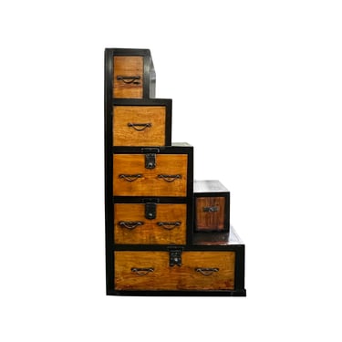 Vintage Restored Distressed Brown Black Narrow Tansu Step Cabinet cs7553E 