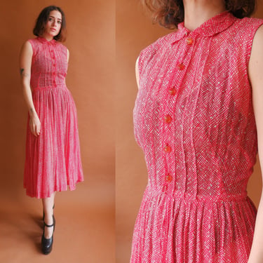 Vintage 50s Sheer Cotton Voile Crosshatch Dress/ 1950s Red White Shirtwaist Dress/ Size XS 25 