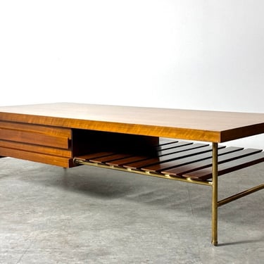 Vintage Mid Century Modern Ico Parisi for Singer & Sons Walnut and Brass Rectangular Slat Coffee Table 1950s 