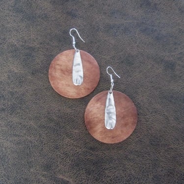 Natural wooden and silver round earrings 