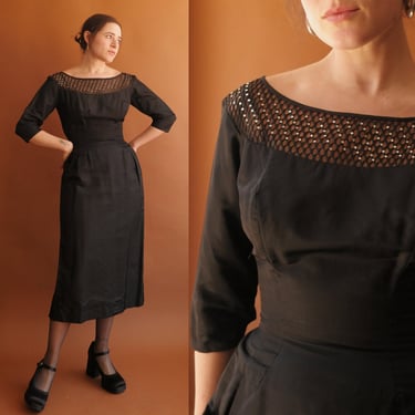 Vintage 50s Silk Rhinestone Cocktail Dress/1950s Fishnet Illusion Black Sheath Dress/ Size Small 