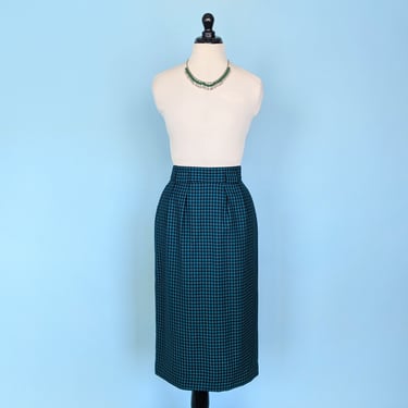 Vintage 80s Green Plaid Wool Skirt, 1980s Calf Length Fitted Pencil Skirt 