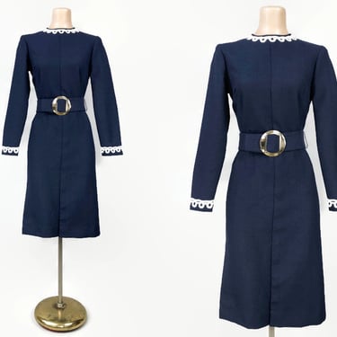 VINTAGE 60s 70s Navy Blue Belted MOD Mini Dress by Joan Curtis | 1960s 1970s Crochet Trim Wide Belted Dress | VFG 
