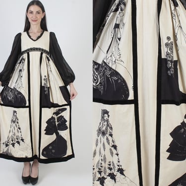 Aubrey Beardsley Print Dress, Vintage Trivia Brand, Art Nouveau Style, Muslin Prairie Gown 