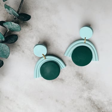 Mint and Deep Teal Dainty Statement Earrings Polymer Clay Art Hypoallergenic Posts Lightweight Spring Summer Earring | JOSEPHINE in mint 
