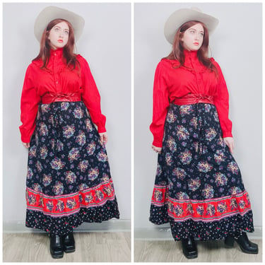 1970s Vintage Black and Red Cotton Bouquet Print Maxi Skirt / 70s High Waisted Floral Prairie Skirt / Size Medium 