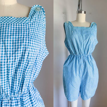 Vintage 1950s Blue and White Gingham Playsuit / L 