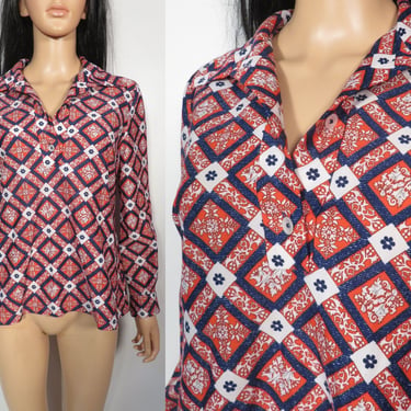 Vintage 70s Red White And Blue Print Half Button Pullover Polyester Blouse Size M 