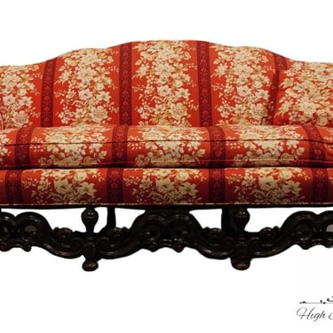 VINTAGE ANTIQUE Rustic European Ornate Carved Wood 82" Parlor Sofa w. Red and White Floral Upholstery 