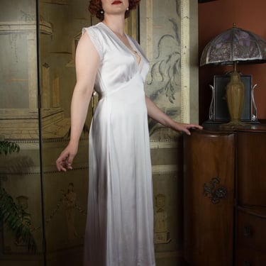 1940s Nightgown - Heavy White Rayon Satin Nightgown With Lace Trimmed Deep V 