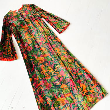 1970s Botanical Velveteen Maxi Dress 