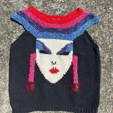 VTG 80’s sleeveless Sweater~ cropped tank knitted Top/ Hand knit black Colorful Egyptian Diva vibes 1980 trends /Cotton 