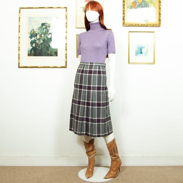 Vintage 1970s Grey Purple Pure Wool Midi Pleated Skirt Check Print Size S UK 8 