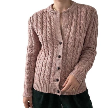 Vintage Womens Hand Knit Pink Wool Fisherman Cable Knit Light Academia Cardigan 