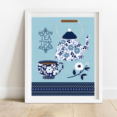 Teapot and Teacup 8 X 10 Art Print/ Tea Time Kitchen Home Decor/ Blue Floral Chinoiserie Tea Set Wall Decor/ Food and Drink Illustration 