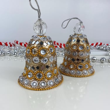 Vintage Bead, Sequin, Jeweled Silver & Gold Bell Ornament set of 2, Vintage Christmas Ornaments, Shiny Sparkly Christmas, Hollywood Regency 