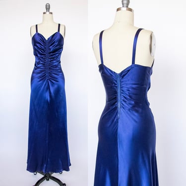 1930s Gown Blue Satin Bias Cut Dress S 