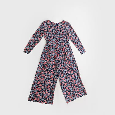 90s Navy blue floral rayon long sleeve jumpsuit 