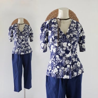 botanical button top - s - vintage 90s y2k dark blue navy short sleeve womens floral blouse shirt size small 