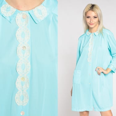 70s Pajama Dress Blue Mini Nightgown Lingerie Dress Button Up Nylon Nightie Lace Trim Collared Pocket Retro Lounge Vintage 1970s Large L 