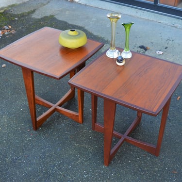 Lovely Pair of Teak 2 Tone Compact X Base Square Side Tables