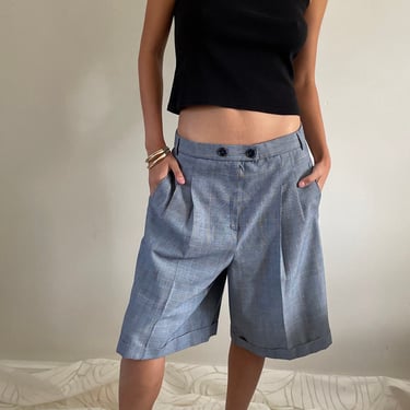 90s plaid shorts / vintage high waisted pleated blue glen plaid baggy slouchy trouser shorts | size 30 / 32 