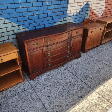Beautiful Mahogany, unusual 2/3 width top drawer, pair of double drawers beneath, end doors w movable shelf. 58x20x34
