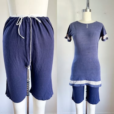 Antique 1920s Navy Cotton Swimsuit set / XS 