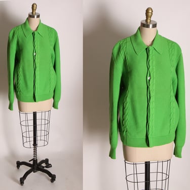 1960s 1970s Kelly Green Wool Knit Long Sleeve Button Up Sweater Cardigan -L 