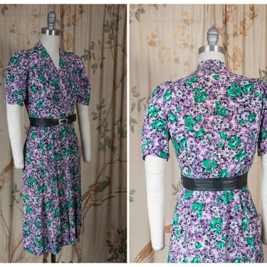 1930s Dress - Striking Purple and Emerald Green Wildflower Floral Print Vintage 40s Day Dress 