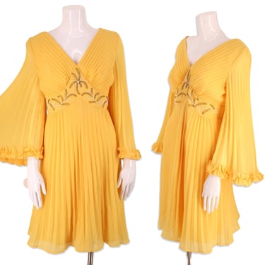 60s mini dress sz M , vintage 1960s lemon yellow baby doll, pleated mini dress, witch sleeve dress, go go dress, dolly dress 