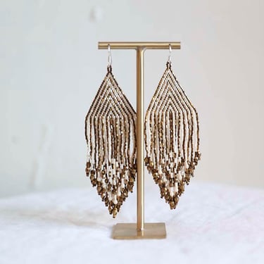 Huichol Beaded Earrings - White and Gold