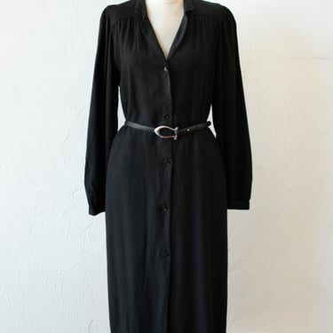 Vintage 1970s Halston Black Wool Long Sleeve Duster Dress M/L