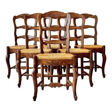 Carved Country French Fruitwood Ladderback Dining Chairs - Set of 6 