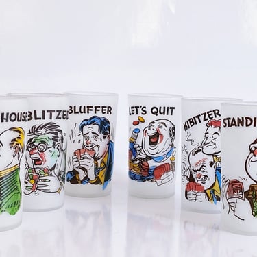 Gay Fad mid century glassware, Cartoon caricature poker themed bar glasses novelty whiskey glasses MCM frosted glass barware. 