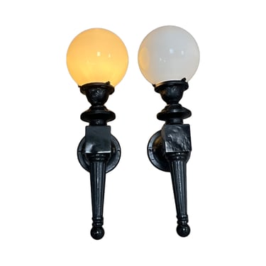 Pair huge black exterior sconces with milk glass shades circa 1900 #2417 