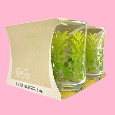 Vintage Libbey Juice Glasses Retro 1970s Mid Century Modern + Fern & Ginkgo Leaves + Size 6 oz + Set of 4 + Comes in Box + Kitchen Drinking 