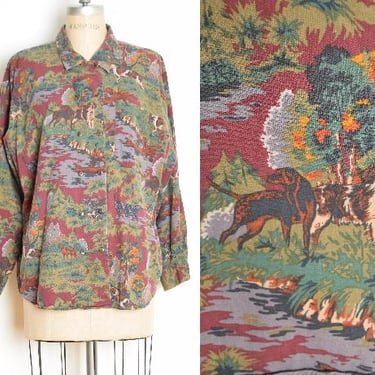 vintage 90s shirt hunting DOG novelty print button up blouse top long sleeve L clothing 