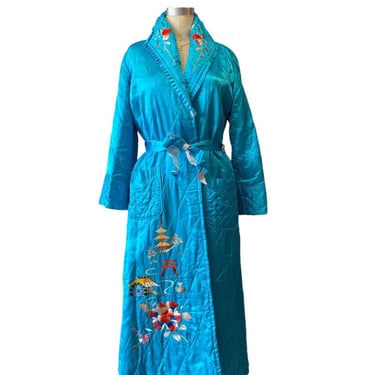 Vintage 1940s quilted Japanese robe, turquoise embroidered satin, 40s Japan souvenir loungewear, medium, novelty print, pockets 