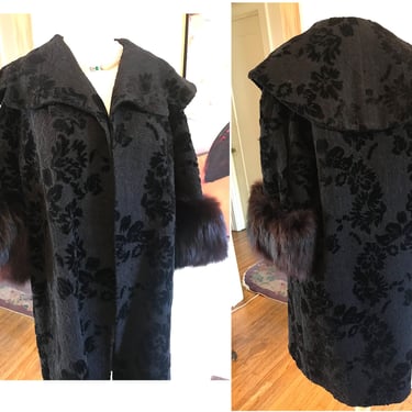 Gorgeous 1960s Black on Black Tapestry Coat with Black Fox Fur Trim -- Size  Small /Medium 