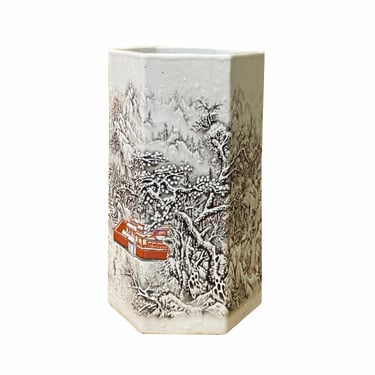 Chinese Off White Porcelain Snow Scenery Hexagon Shape Vase ws2354E 