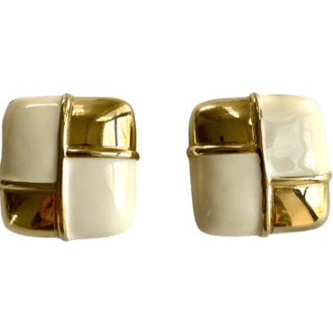 90s Givenchy Cream Enamel and Gold Clip On Earrings