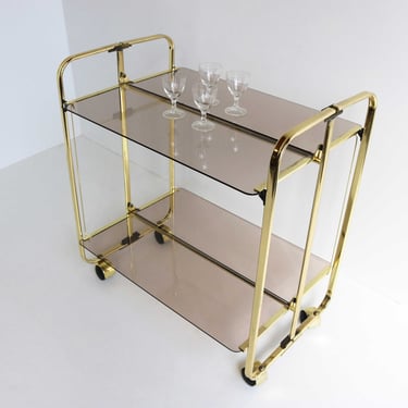 Midcentury Golden Foldable Barcart Teacart Cocktailcart Brass Entertainment Cart Hollywood Serving Cart Display Cart Smoked Glass  1970 