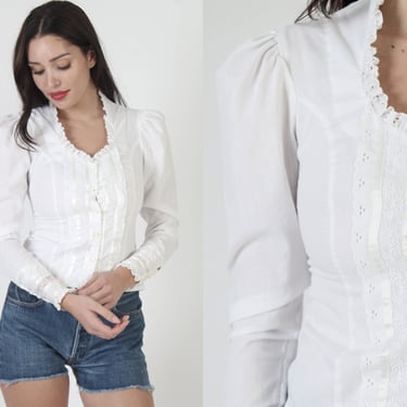 Vintage 80s Gunne Sax Top, Plain White Floral Lace Blouse, Victorian Old Fashion Lawn Tunic 