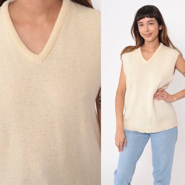 Cream Sweater Vest Top 80s Wool Knit V Neck Tank Top Sleeveless Nerd 1980s Preppy Shirt Sleeveless Plain Vintage Medium 