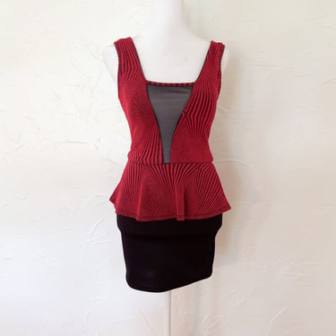 80s Peplum Bodycon Textured Black and Red Pink Sheer Mesh Panel Dress | Extra Small 