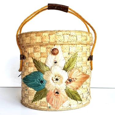 1950s Floral Raffia Cylinder Basket Purse Hat Box - Vintage Retro Straw Beach Picnic Tote 