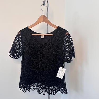 90s Inky Black Crotchet Silk Top in Floral Embroidery | Small 